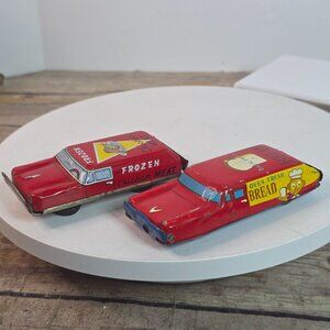 Vintage Tin Toy Cars Set - Frozen Chicken Meat & Oven Fresh Bread Advertising